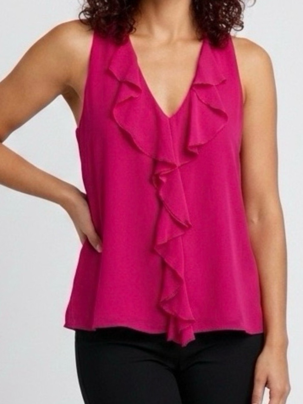 Kut From The Kloth Bright Fuchsia Sleeveless Ruffle V-Neck Top